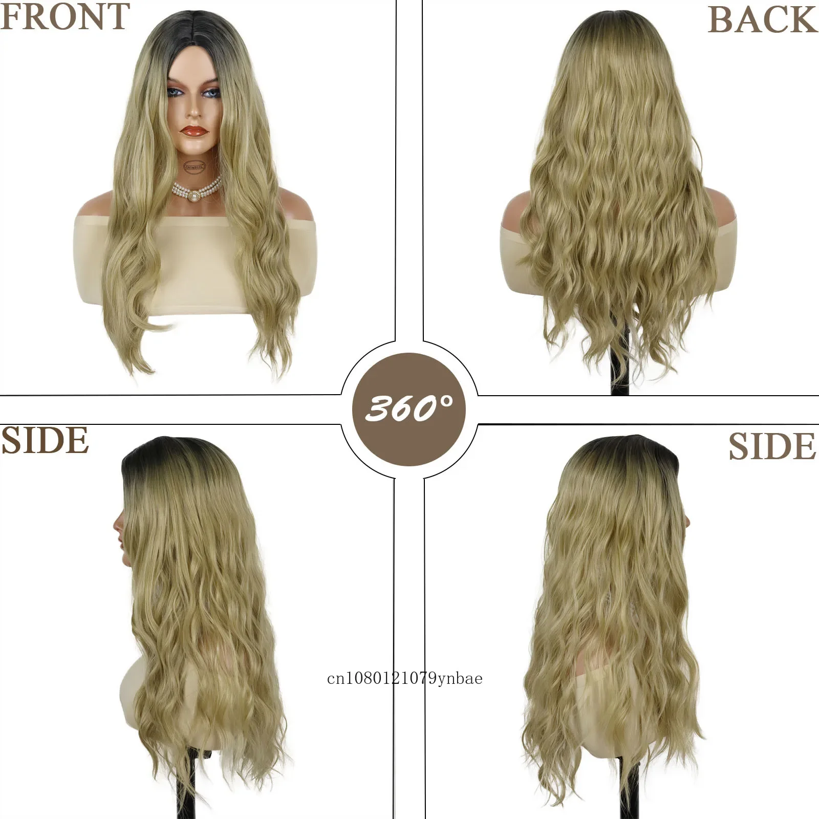 Capelli sintetici Ombre bionde lunghe parrucche ricci dell'onda per le donne ragazze parte centrale parrucca radice scura Costume quotidiano partito resistente al calore