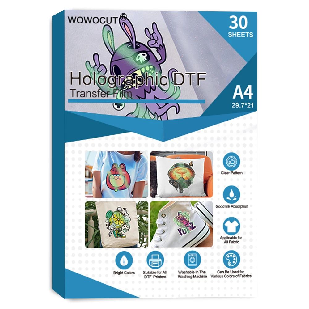 

WOWOCUT Heat Transfer Paper DTF Film A4 30 PCS Holographic DTF Film Double-Sided Pretreat DTF Film for Direct Print on T-Shirts