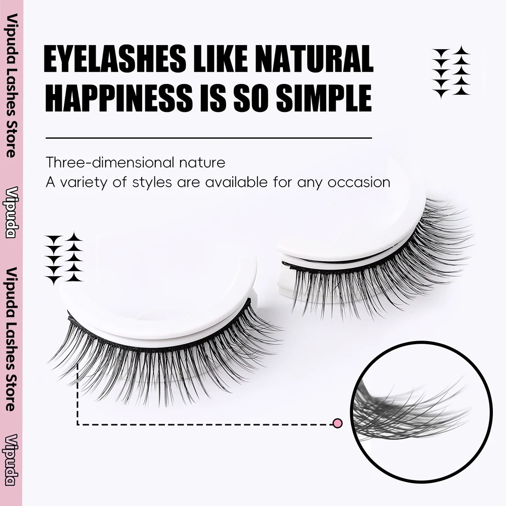 Vipuda Lashes Self-Adhesive Eyelashes Reusable  False Eyelashes 3D Faux Mink Lashes Glue-Free 3 Seconds To Wear Lashes Extension