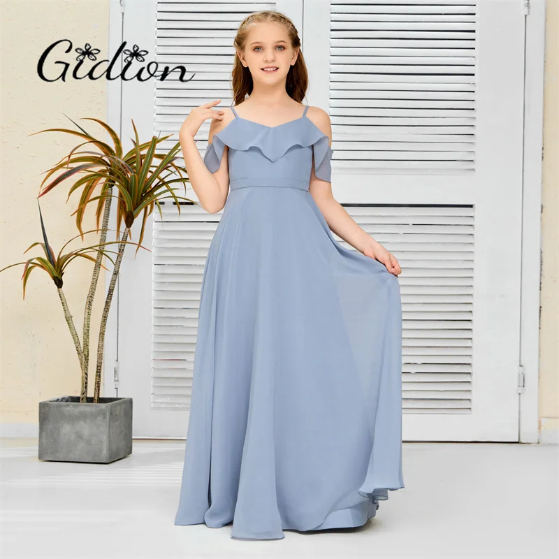 Schulter freie Chiffon Junior Brautjungfer Kleid Hochzeit Geburtstags feier Abschluss feier Festzug Event Ballkleid Abschluss ball für Kind