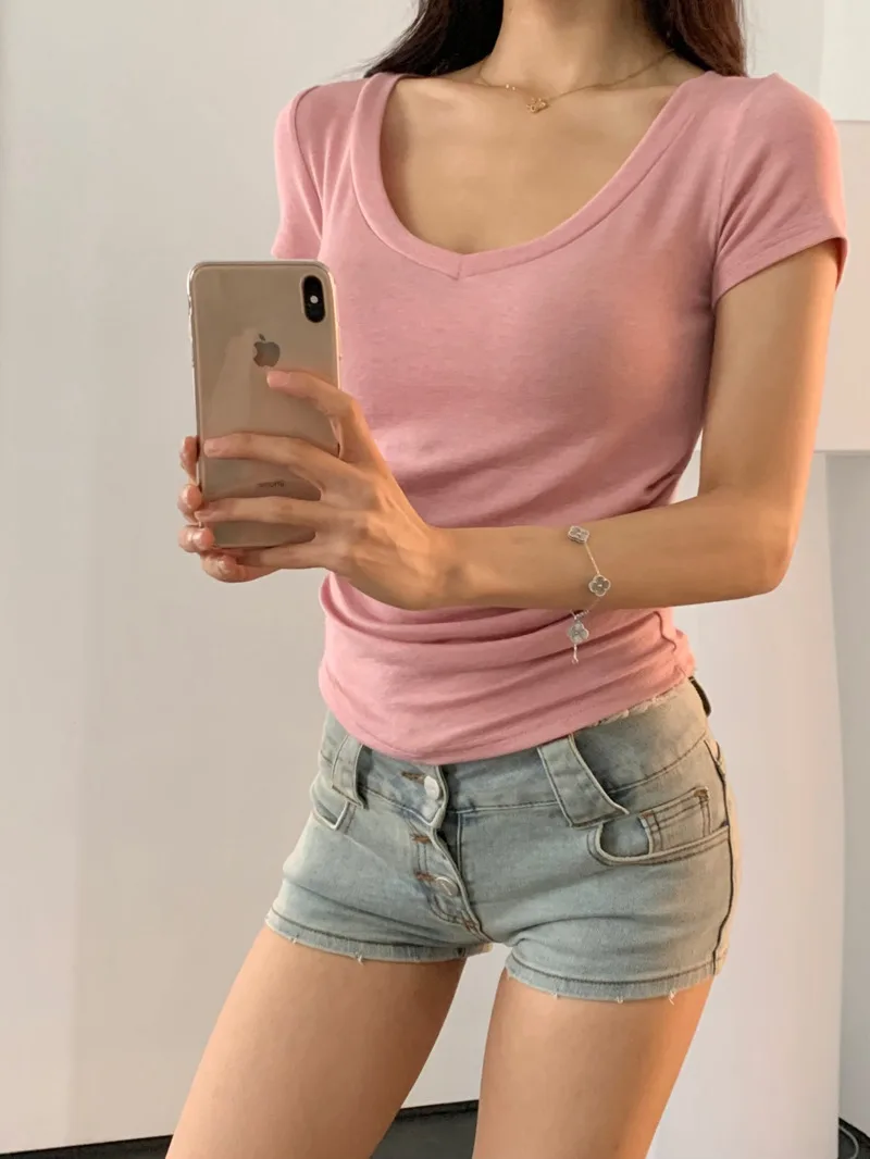 Women's 2024 Summer New High-quality Wool V-neck Short Sleeve T-shirt Soft Skin Friendly Slim Short Top Solid C709