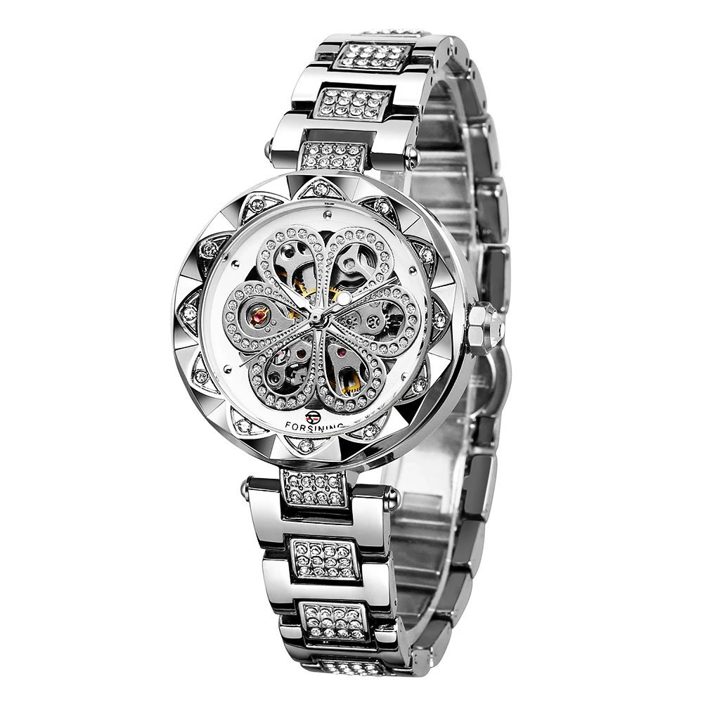 

FORSINING Ретро элегантные женские автоматические механические часы со скелетом и стразами, светящиеся стильные женские наручные часы из нержавеющей стали