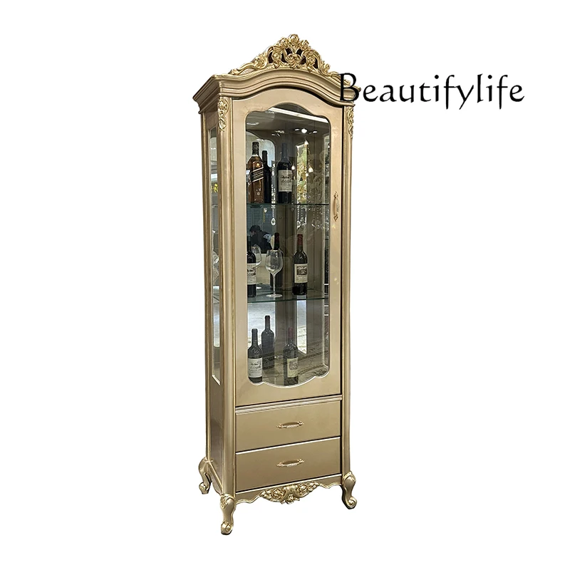 

French solid wood single-door wine cabinet, European luxury carved living room glass display cabinet