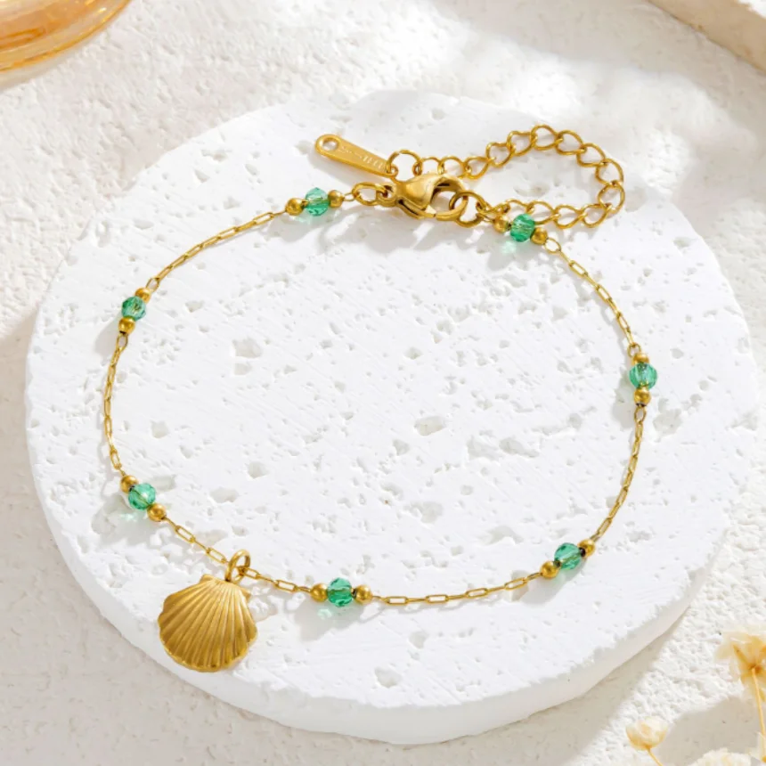 316L Stainless Steel Simple Green Bead Small Seashells Pendant Clavicle Chain Ladies Necklace Fashion Exquisite Jewelry SAN828