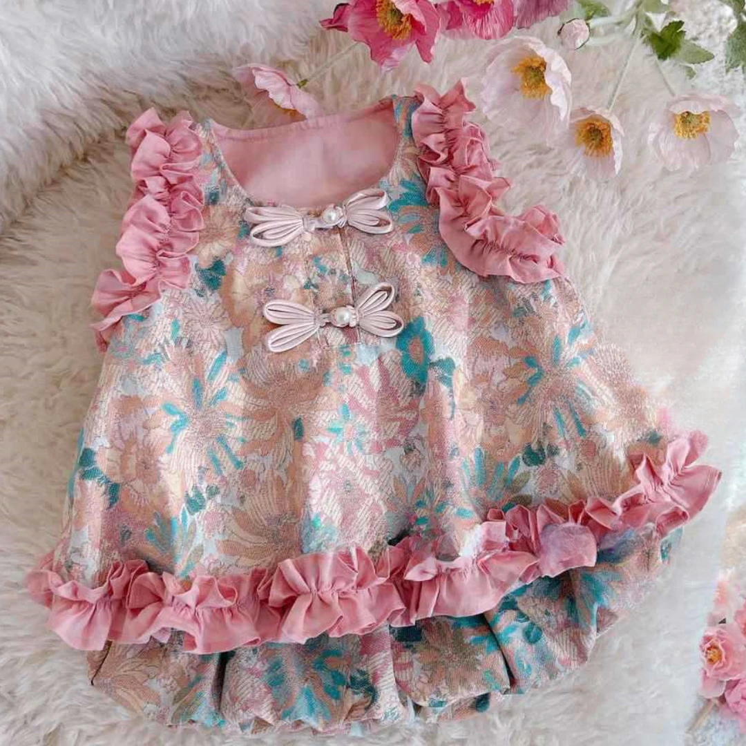 High End New Chinese Style Sweet Dress Girls Summer Chinese-Style 2-piece Set Ruffle Edge Printed Skirt Children's Birthday Gift