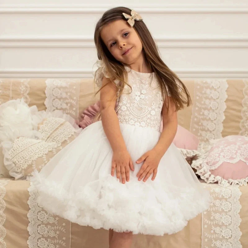 

Champagne White Flower Girl Dress Tulle Puffy Appliques With Bow Short Sleeve For Wedding Birthday Party First Communion Gowns