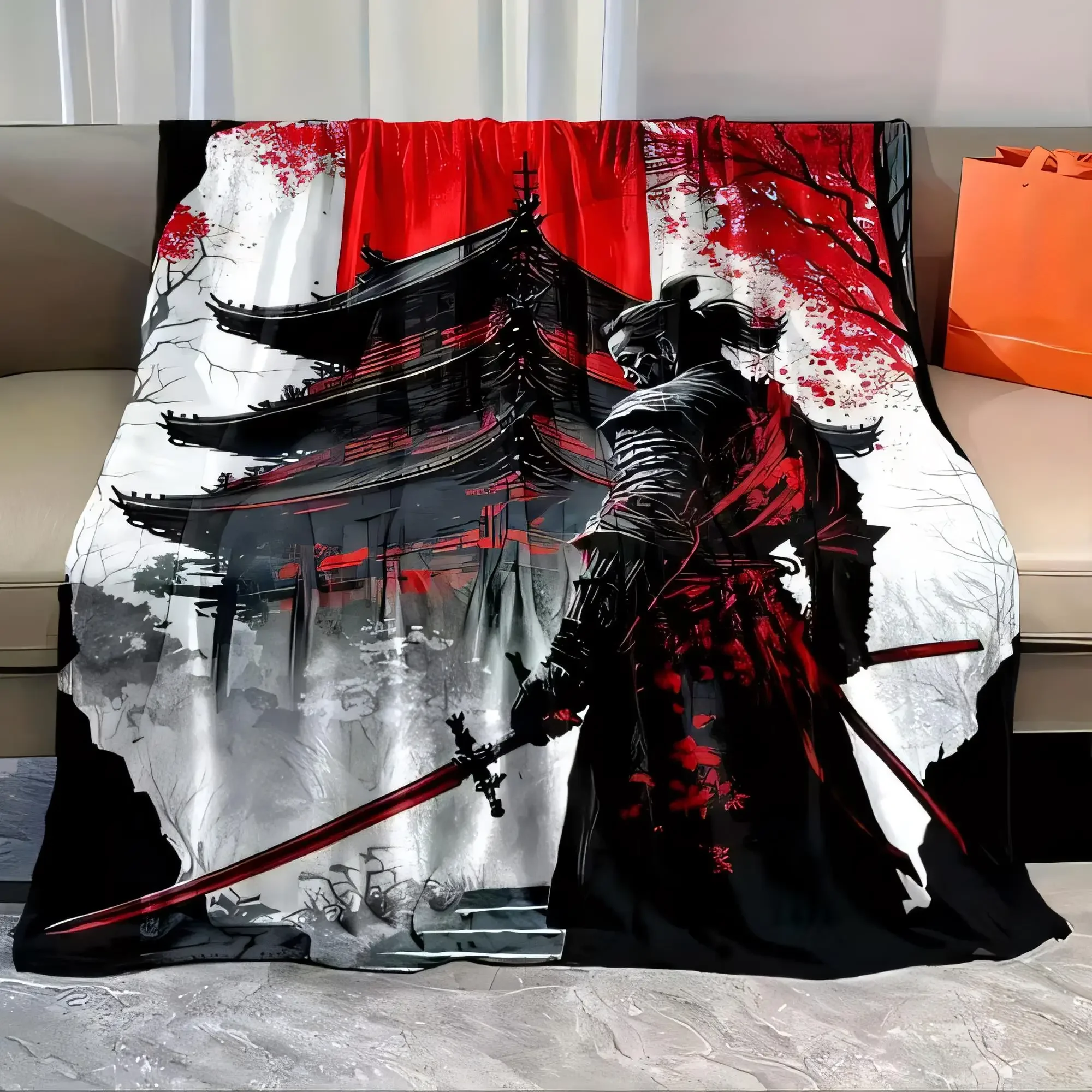 Vivid Samurai Warrior Blanket Stylish Artwork Soft Throw for Couch Unique Home Decor Decorative Blanket with Cherry Blossoms and