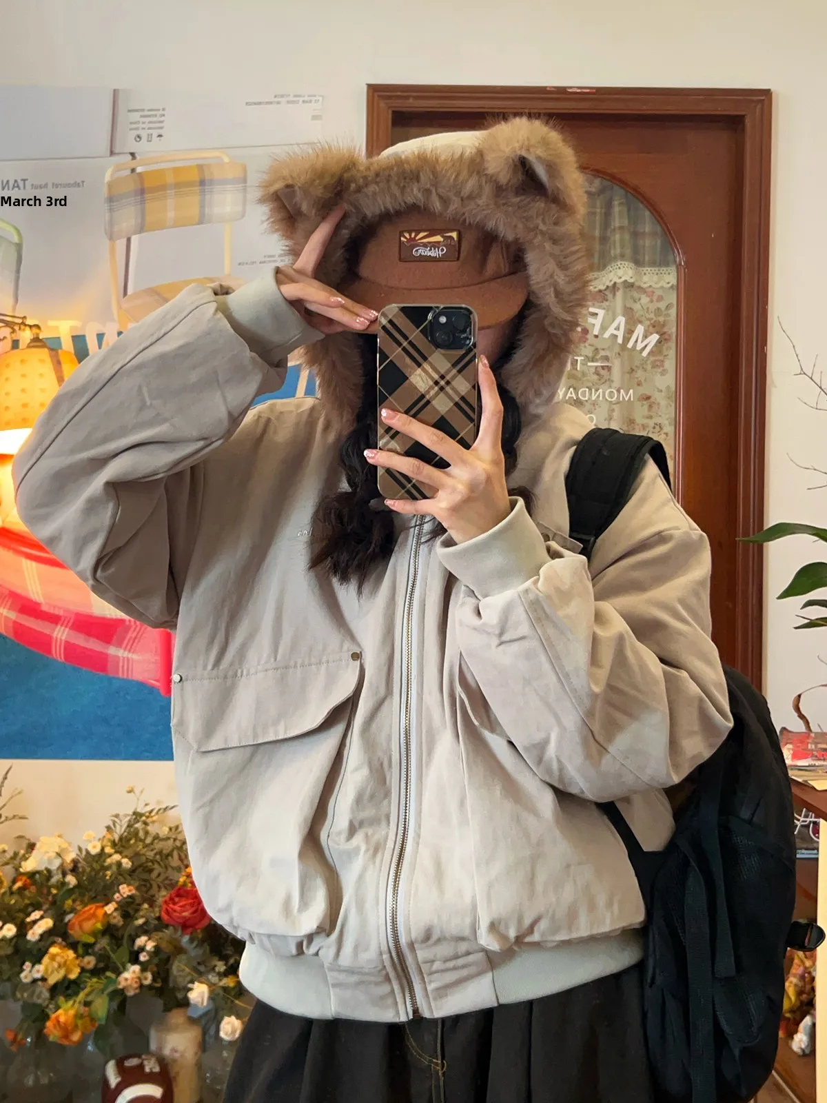 

ex Медвежьи уши Хутряный воротник с капюшоном Хлопковая тюнетная рабочая одежда с хлопковой подкладкой Jaet Street Sle Свободная посадка Длинная све Застежка-молния