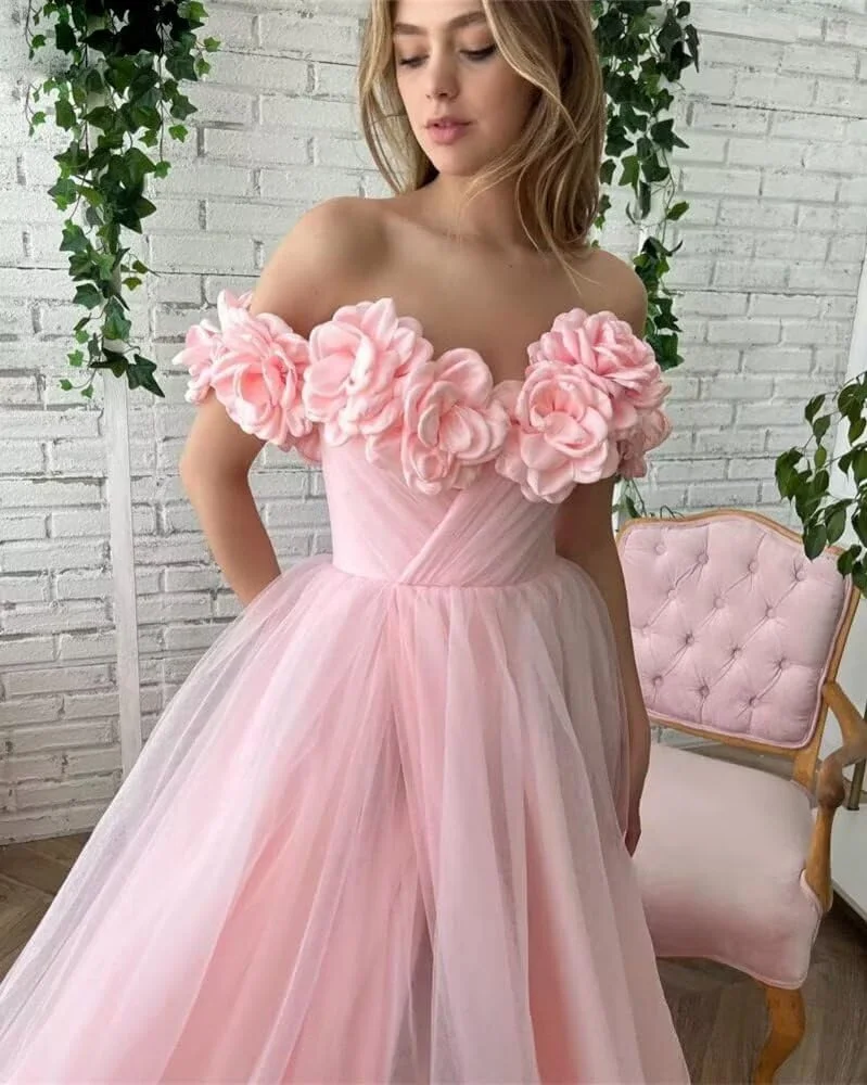 Tule flor rosa vestidos de formatura com flores artesanais plissados lado split até o chão vestido de noite elegante festa de formatura vestidos