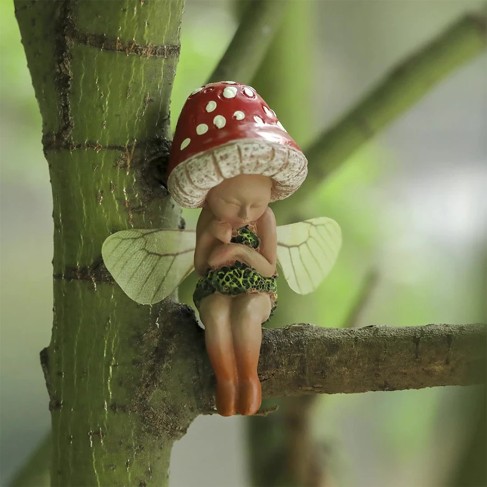 Mushroom Gnome Elf Ornaments Waterproof Desktop Mushroom Elf Sculpture Miniature Fairy Figurine for Bedroom Backyard Balcony