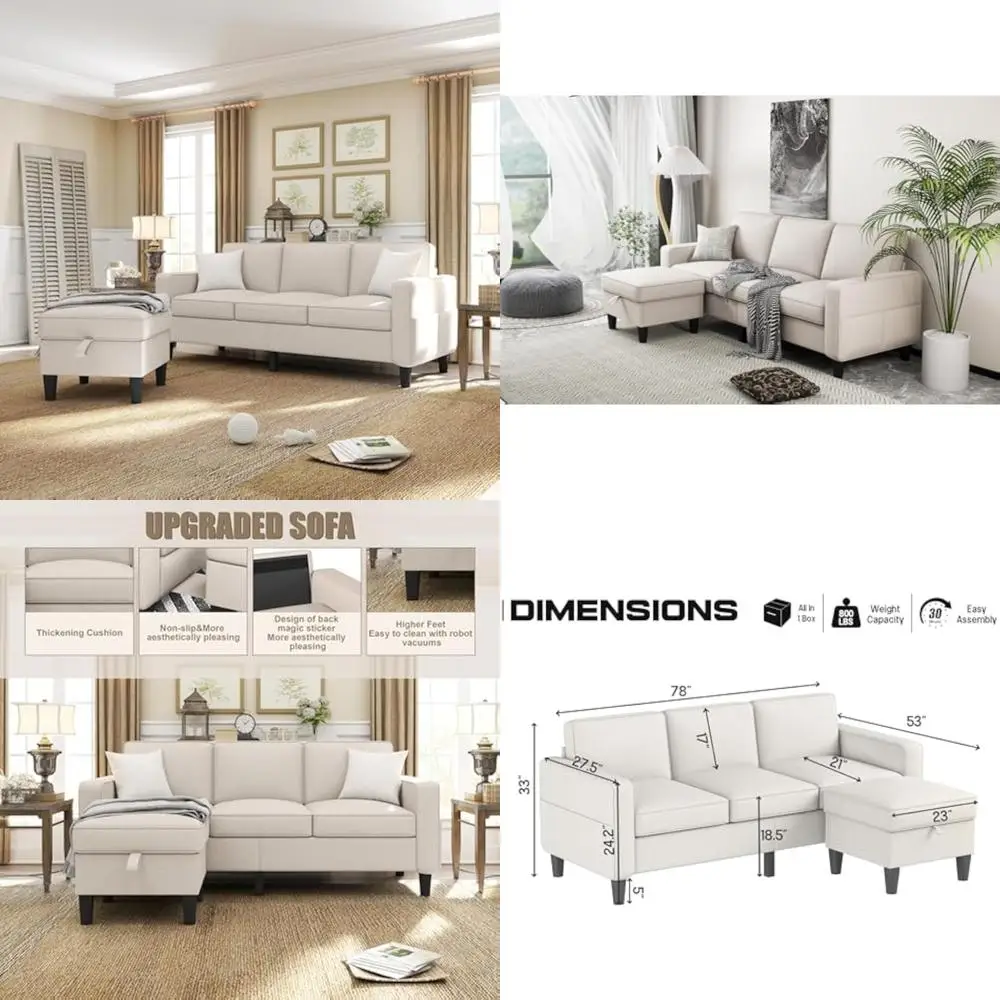 

beige linen 78" 3-seat l-shaped sectional sofa with storage ottoman for modern small living spaces