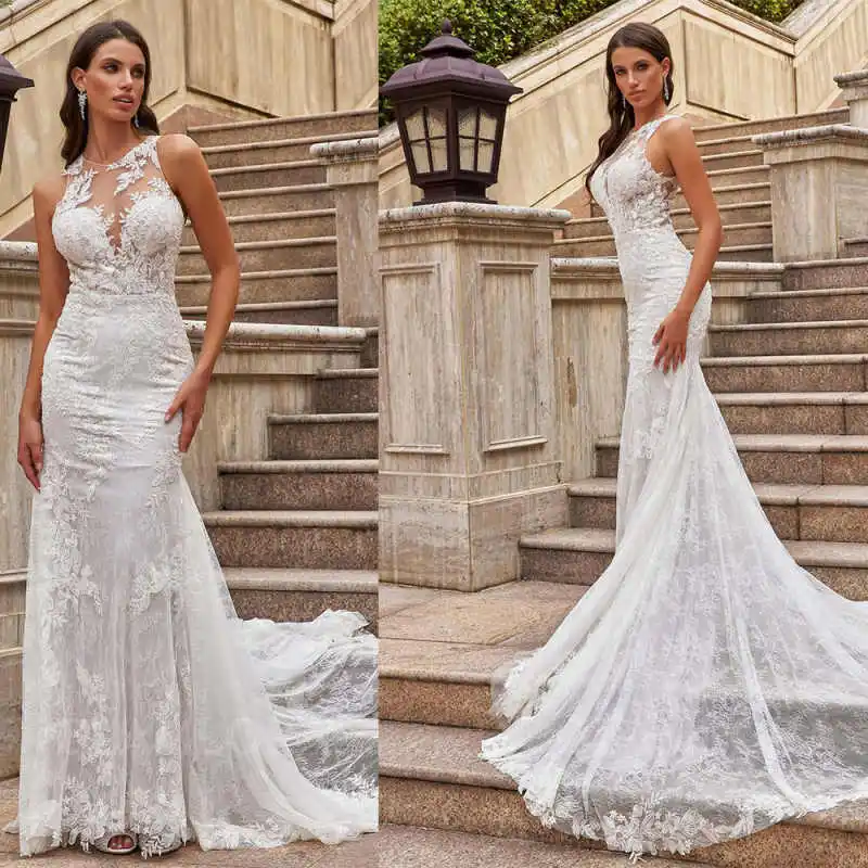 

Sexy Lace Mermaid Wedding Dresses Sheer Jewel Neck Appliques Robe De Soiree Boho Bridal Gowns Customized
