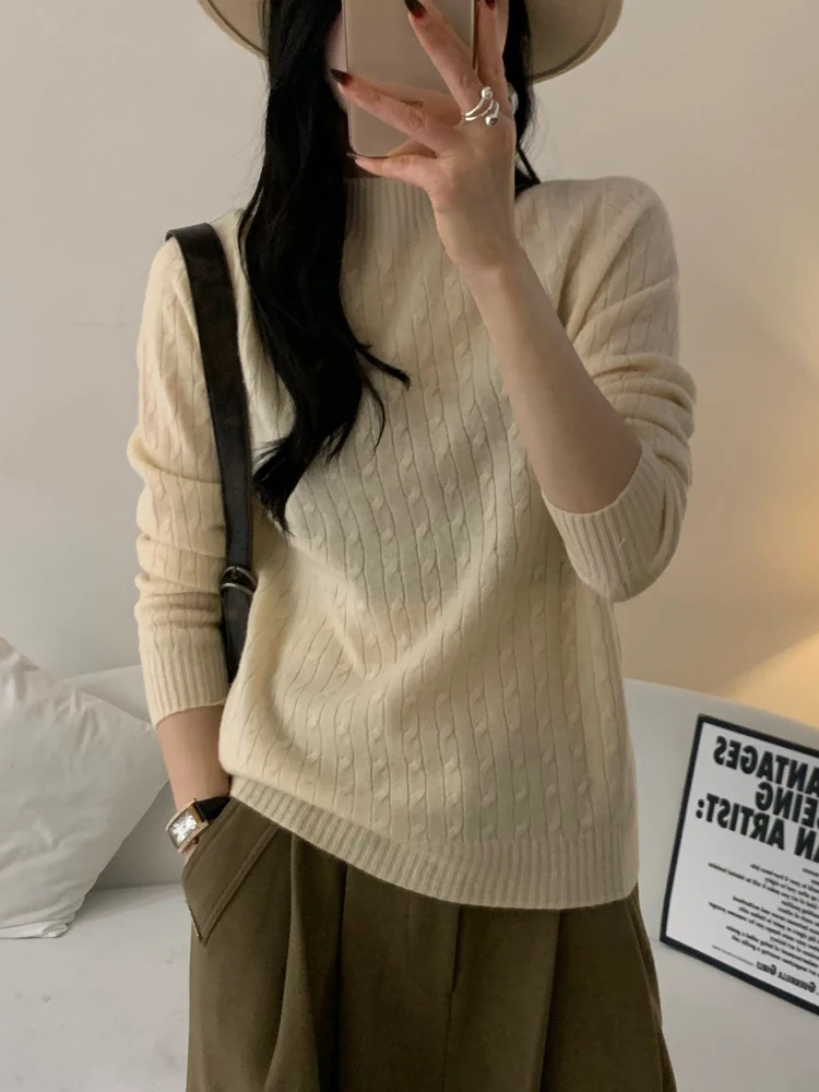 

Chic Mock Neck Twist Flower Women's Pullovers Solid Color Basic Soft Warm Casual Loose 100% Merino Wool Sweater Tops