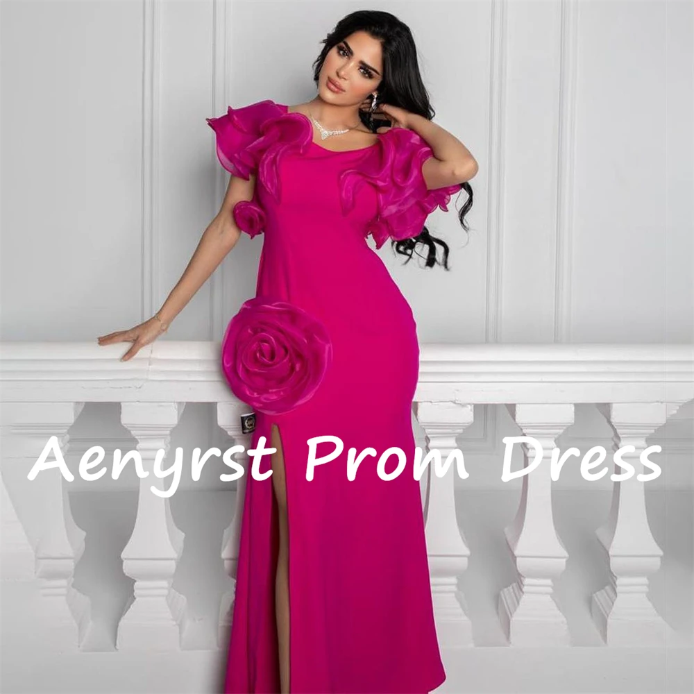 Aenyrst O-Neck 3D Flower Satin Saudi Prom Dresses Mermaid Ruffles Split Evening Gowns For Women Floor Length Formal Party Dress