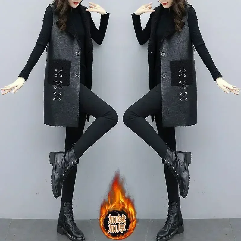 Winter wool Leather Vest Women\'s Clothing 2025 PU Jacket Korean Solid Sleeveless Vest Mid Long Coat Female Waistcoat Outerwear