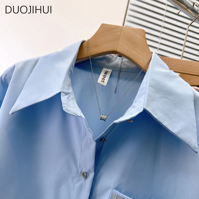 DUOJIHUI-camisa holgada Simple de un solo pecho para mujer, camisa elegante de oficina, Color sólido, azul, francés, Primavera