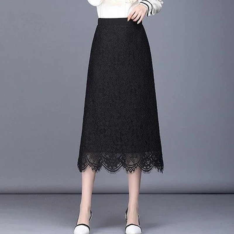 

Spring Summer New Mid Length High Waist A-line Dress Solid Color Loose All-match Lace Skirts Elegant Fashion Women Clothing