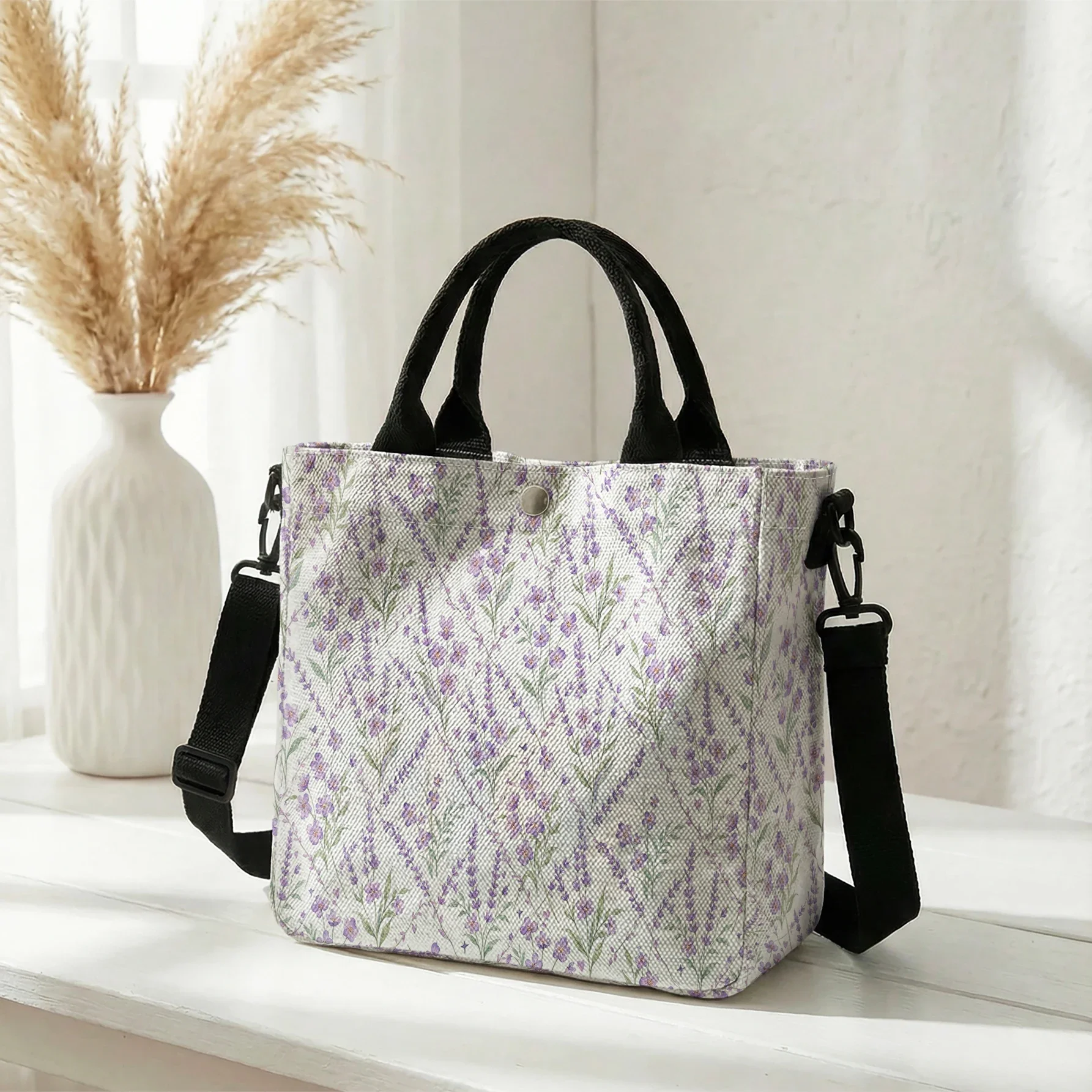 Lavender Floral All Over Print Tote Bag, Detachable Strap Crossbody Handbag For Daily Work Shopping