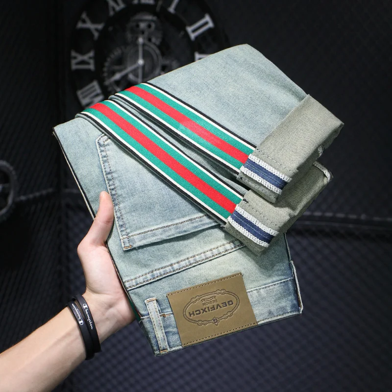 

New Red And Green Striped Jeans With Side Edges For Men Slim Fit Small Foot Casual Trend Fashionable Retro Blue Pants