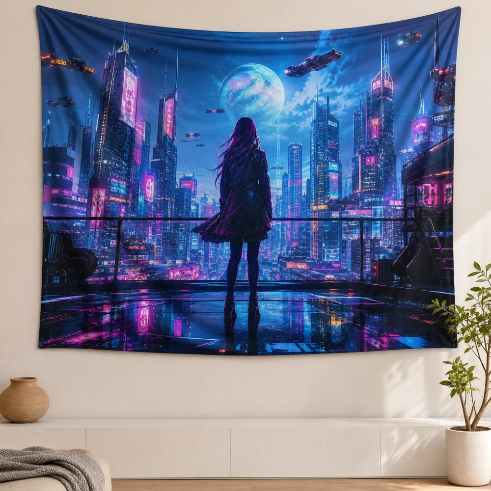 Purple Blue Neon Digital City Back Girl 150X100CM Customizable Tapestry Esports Room Fashion Cool Atmosphere Background Cloth