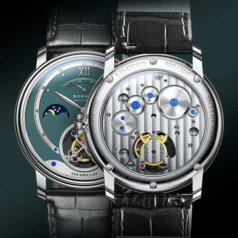 بورمان الرجال ساعة أوتوماتيكية فاخرة توربيون ساعة اليد الميكانيكية الياقوت حزام من الجلد ST8007 تاريخ يوم ليلة مؤشر الطاقة