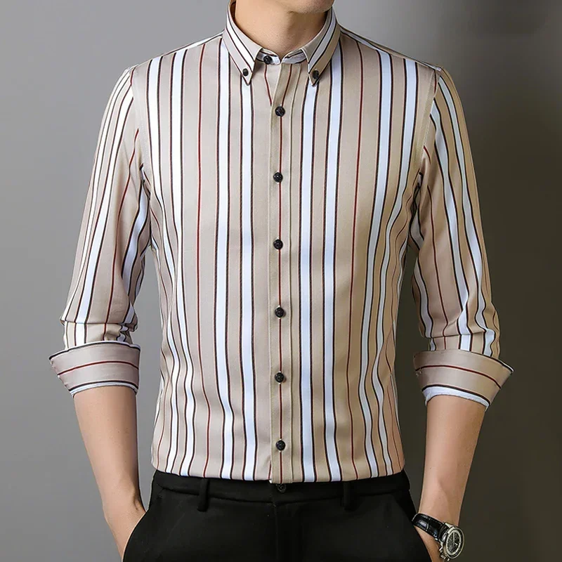 

Весенняя деловая рубашка для мужчин, полосатые классические рубашки с отложным воротником, мужские топы с длинными рукавами, дизайнерская одежда для мужчин