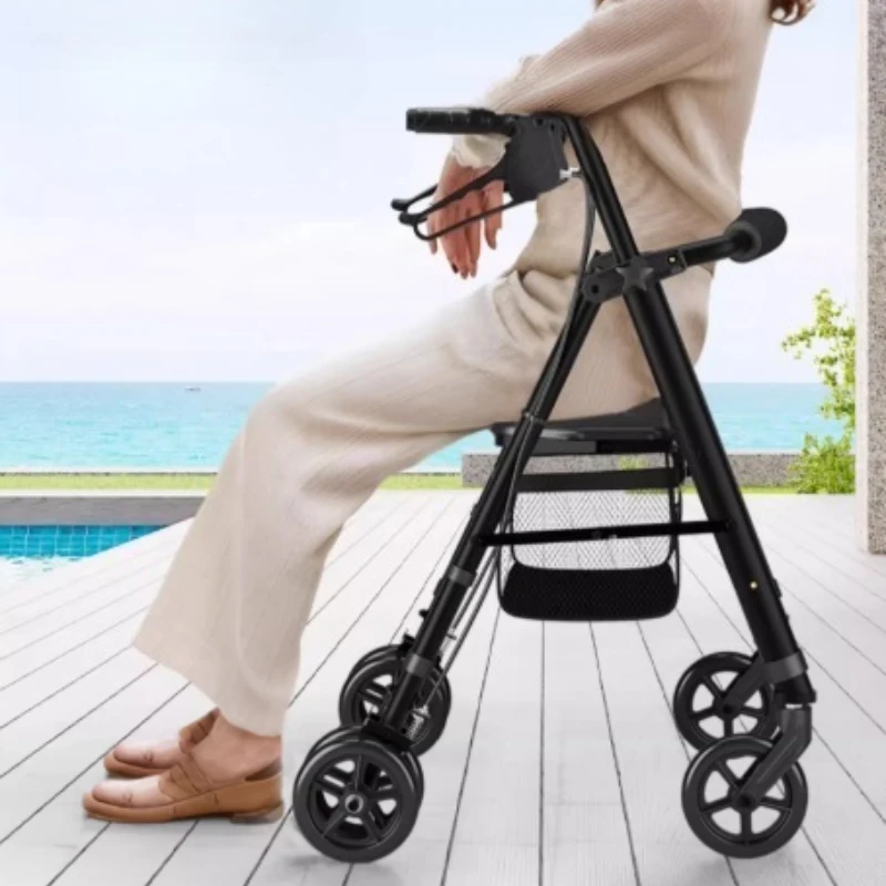 Carbon Steel Rollator Walker with Seat, 350 Lb.Weight, Height Adjustable, Rolling Walkers for Seniors, Elderly People's Handcart