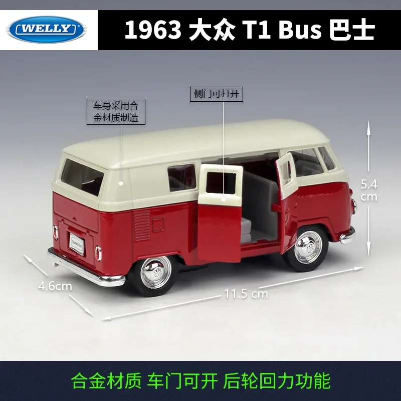 WELLY 1:36 1963 Volkswagen T1 Bus Alloy Car Model Diecast Metal Car Model Pull Back Simulation Collection Zabawka dla dzieci Prezent BD25