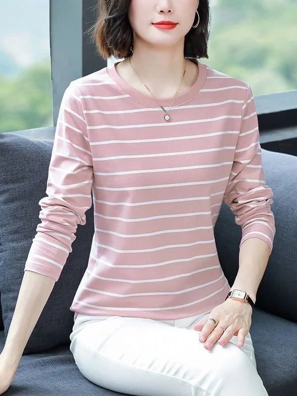 

Slimming Stripe Long Sleeve T-Shirt Women's Mom Style Casual Top Cover Belly Bottom Shirt plus Size round Neck Polyester Fiber