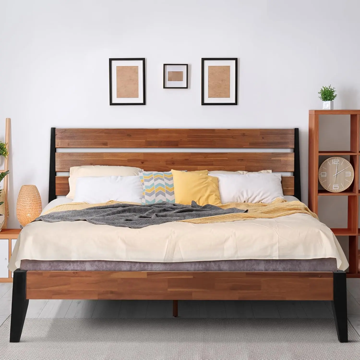 Acacia Emery Bed Frame With Headboard 100% Solid Wood Platform Bed, Scandinavian Bed Style With All Mattresses, Non-Slip And