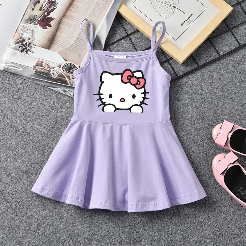 Sanrio letnia maluch dziewczyna sukienka dla dzieci Hello Kitty drukowane bez rękawów sukienka dla dzieci dziecięca sukienka trapezowa modna odzież