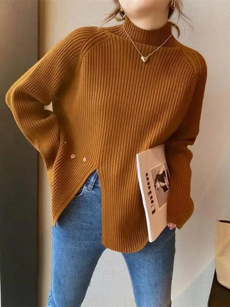 2024 Women Sweater Pullovers Turtlneck Casual Autumn Winter Split Fork Button Chic Sweater Female Slim Knit Top Soft Jumper Tops