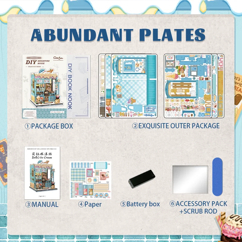 큐트비 DIY 북눅 키트 미니어처 나무 인형의 집 LED 조명 책장 삽입 3D 퍼즐 장식 모델 벨라의 아이스크림용