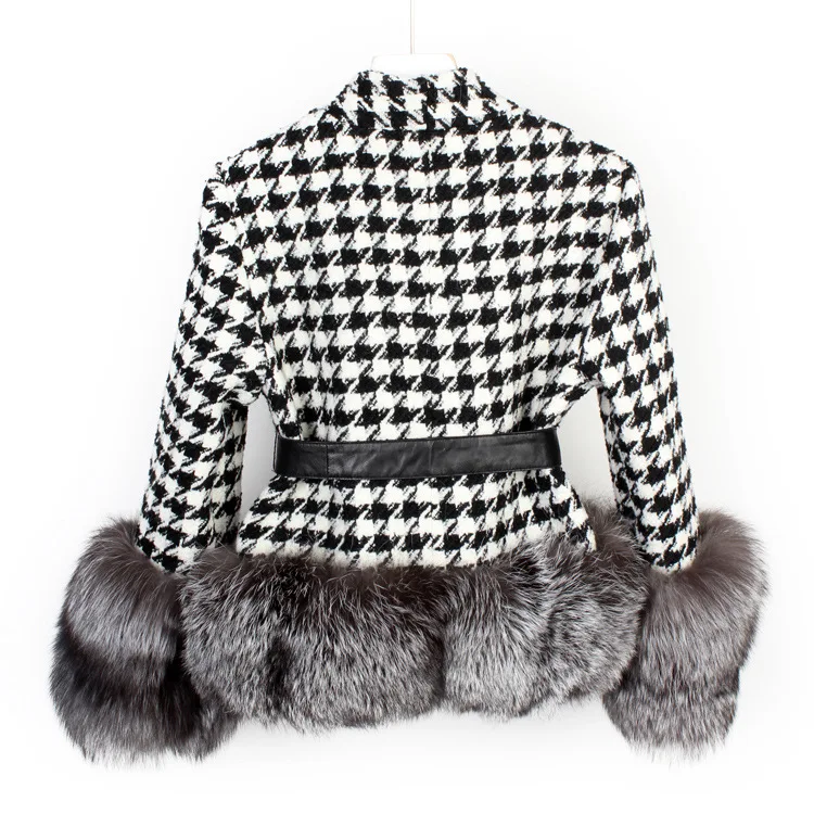 fox fur coat thousand bird check woolen silver fox cuff temperament celebrity 2023