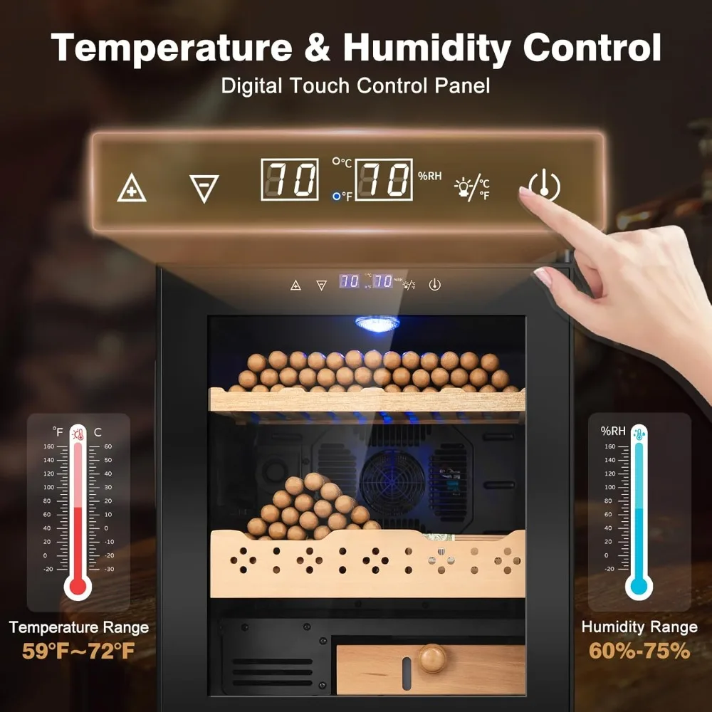 온도 및 습도 관리 기능이 있는 50리터 전기 쿨러 캐비닛, 스페인 삼나무 선반, 360개 품목 보관용 보안 잠금장치