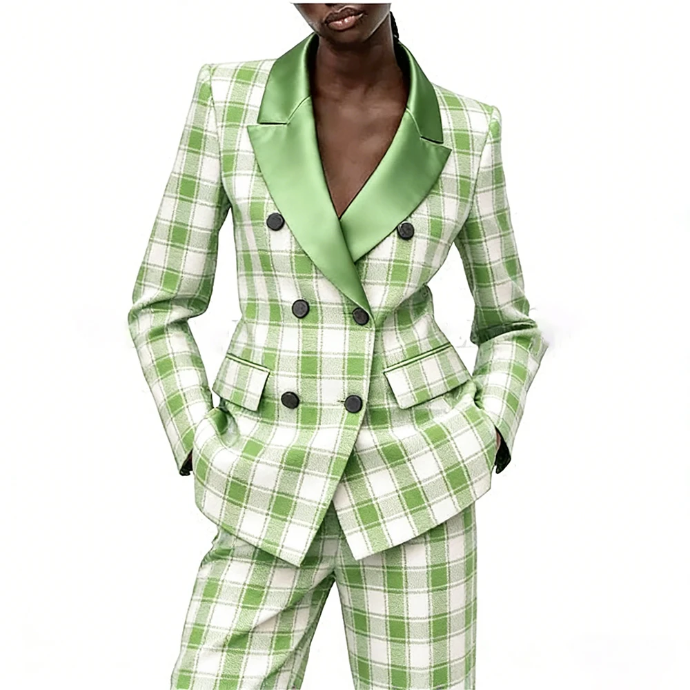 Tailor-Made Peak Lapel Women's Suits Plaid Double Breasted Slim Fit Office Lady Blazer Elegant 2 Piece Jacket Pants Full Sets