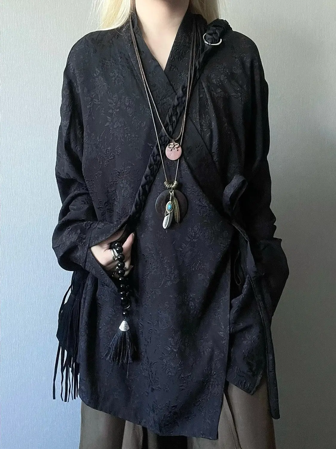 Women's Black Gothic Blouses and Shirts Y2k Gyaru Emo Chinese Style Jacquard Tassel Blouse Floral Long Shirts for Women Summer