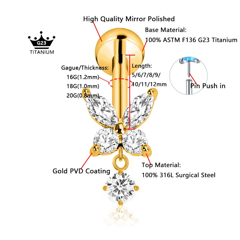 ASTM F136 G23 Titanium Butterfly Drop Labret Threadless Piercing Insect CZ Pin Push in Lip Stud Daith Conch Earring 16G 18G 20G