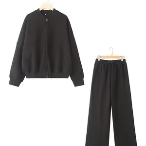 TRAFZA-نسائي ريترو لون خالص سحاب مخملية بنطلون بدلة بومبر جاكيت سويت شيرت عالي الخصر مع دانتيل 2 قطعة أفضل 6 أطقم من النوع الثقيل للنساء مبيعا - رقم 6