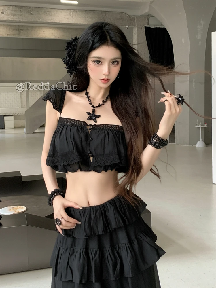REDDACHiC Women Ruffled Top Skirt Matching Set Beach Romantic Swing Elastic Waist Maxi Skirt Fly Sleeve Crop Top Holiday Clothes view 2