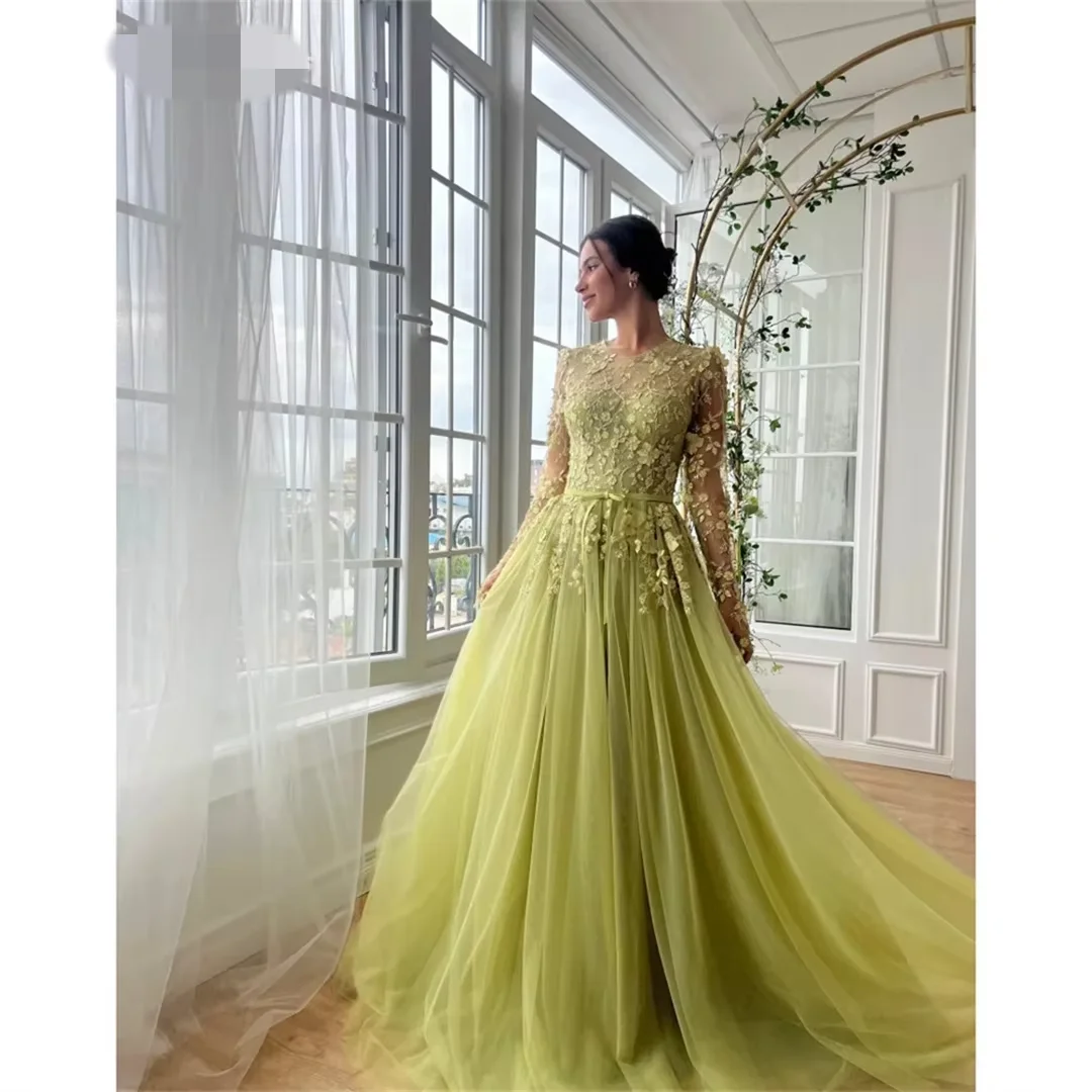 

Women Line A Ground Length Evening Dress Applique Crew Neck Elegant Party Dresses Wedding Party Dress Customized