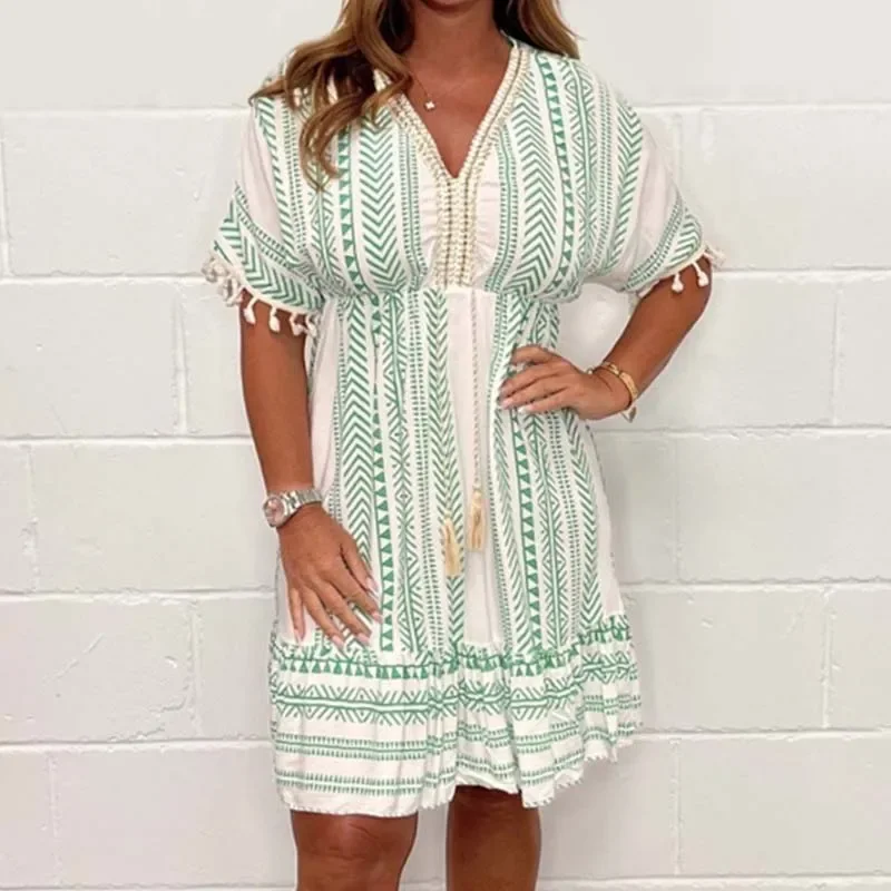 

Elegant High Waist Party Dress Women Chic Tassel Splicing V-neck Office Dress Office Fashion Short Sleeve Graphic Knee Dresses