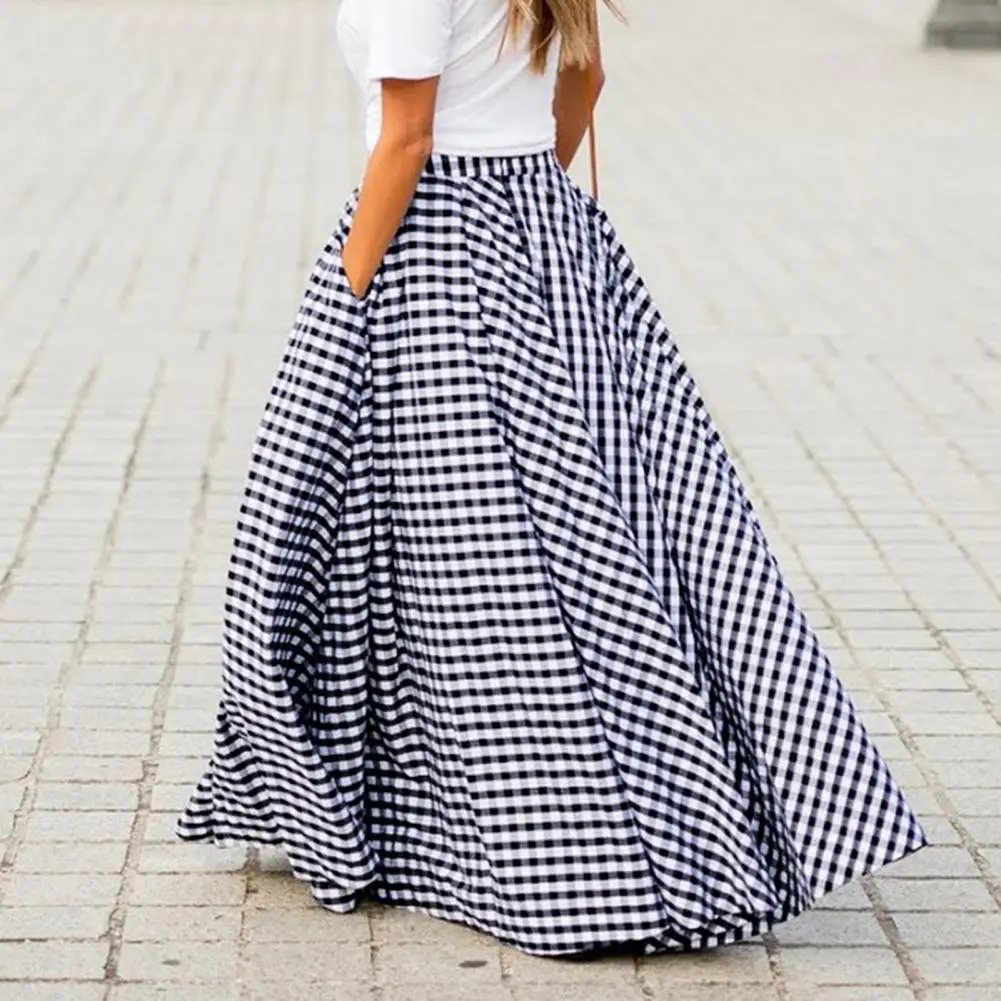 2020 Women\'s Skirts Vintage Plaid Check Long Skirt Zipper Pleated Bohemian Femme Casual Pockets Maxi Skirts