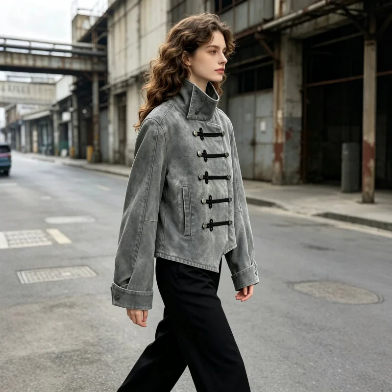 QICHE Men European‑Style Stand‑Collared Short Cargo Jacket Vintage Washed Asymmetric Placket Chinese Frog‑Button Street Outerwea