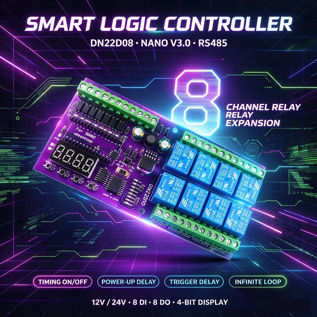 DN22D08 Arduino NANO V3.0 Expansion Board DC12V/24V 8CH Opto Isolated NPN DI 8CH Relay RS485 4Bit Digital Tube Controller