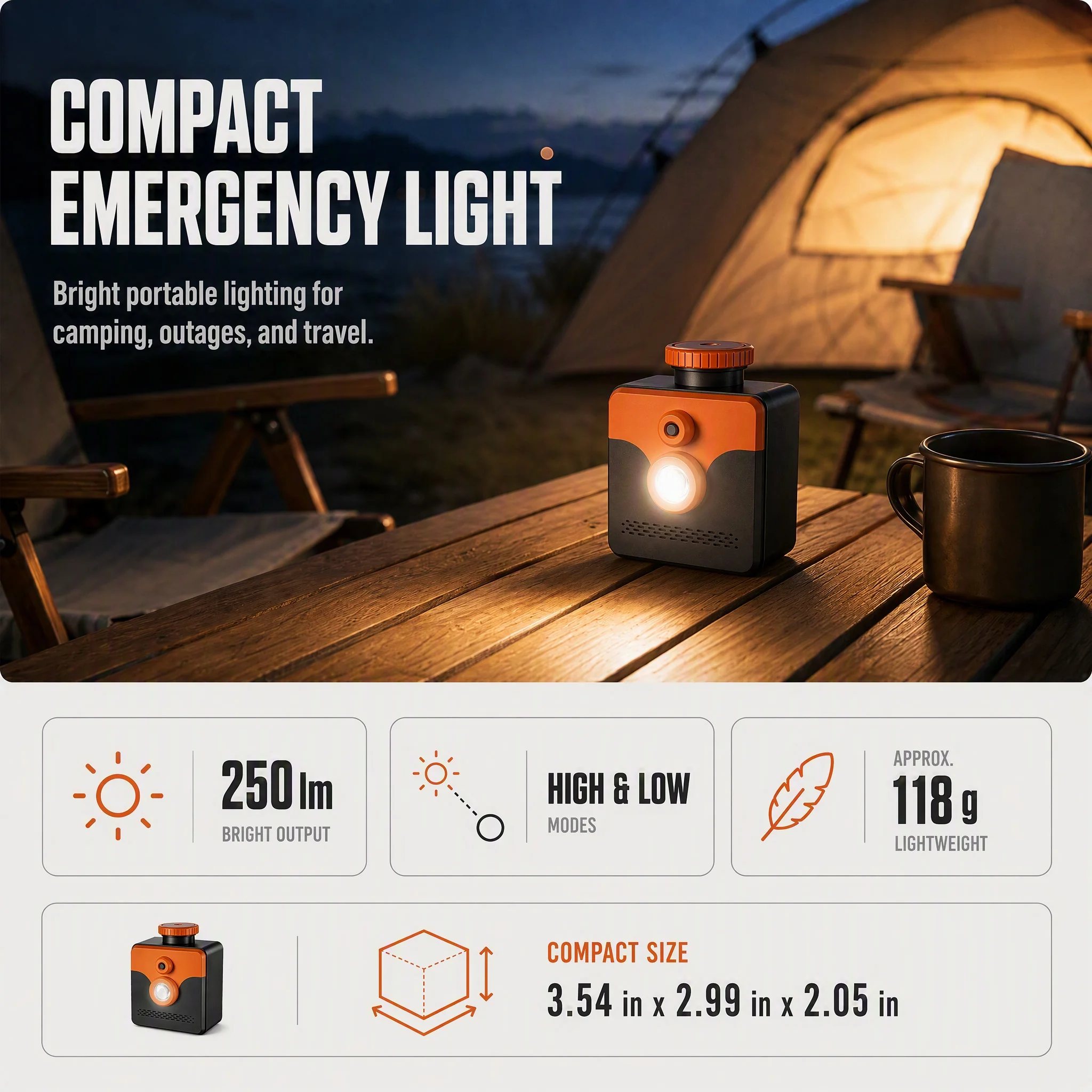 Saline Powered Emergency Flashlight 250lm 2-Mode No Battery Compact Carry- Camping Hiking Survival Light