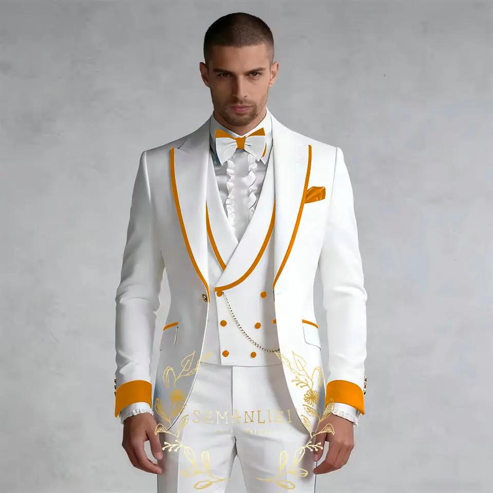 Costumes blancs sur mesure de luxe pour hommes, ensemble 3 pièces, coupe ajustée, formel, mariage, c