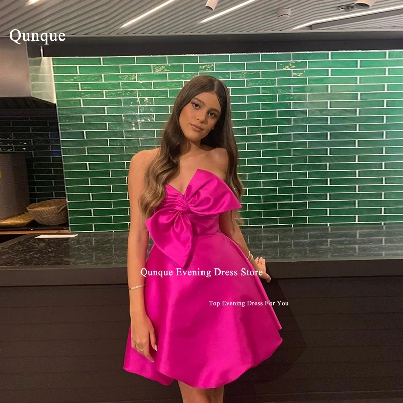 

Qunque Fuchsia Sexy Prom Gown Strapless Bow Evening Dresses Satin A-line Mini вечернее платье женское длинное Vestidos De Gala