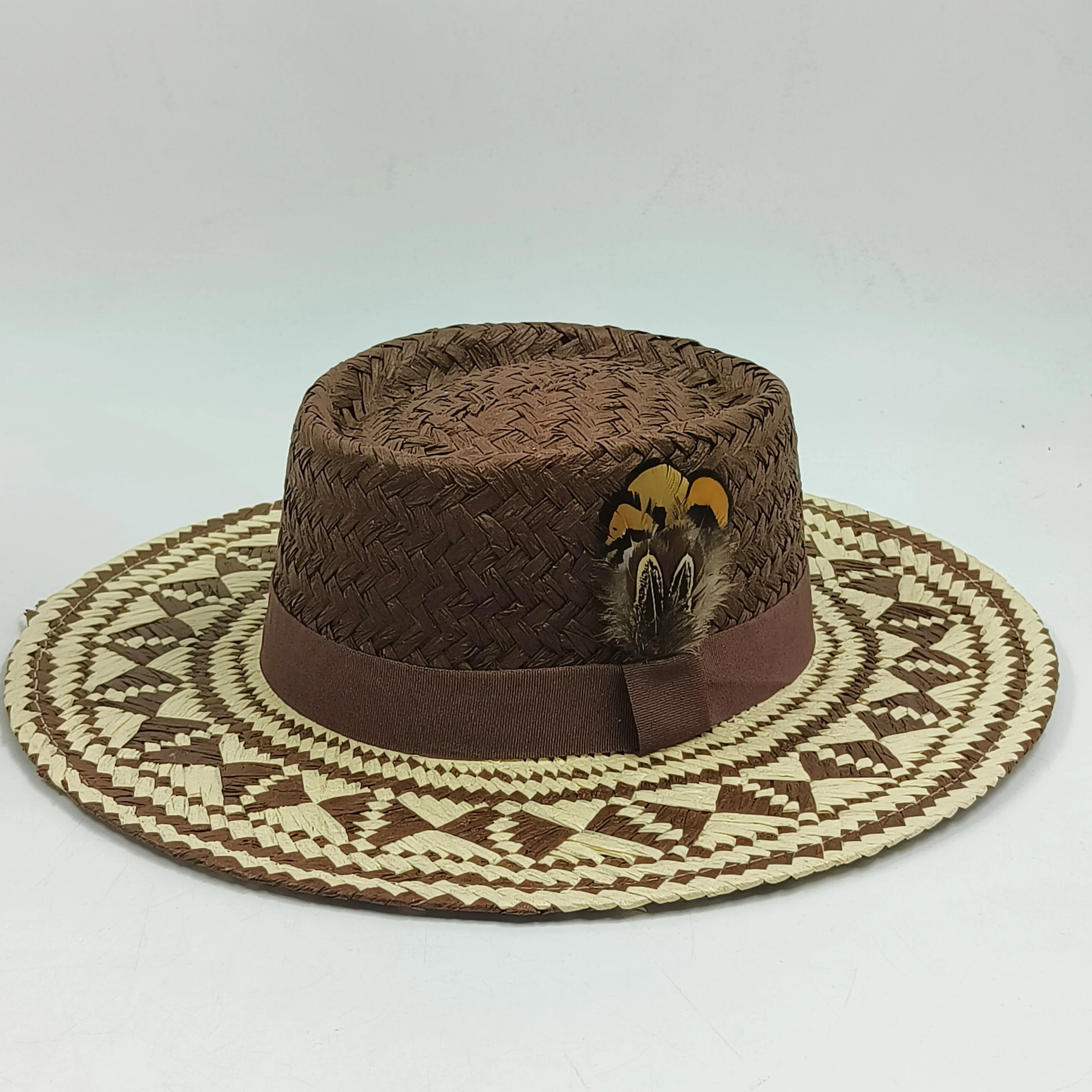 Raffia straw hat for men women Bohemian stitched straw feather decoration hat vacation sun hat pattern beach summer hat panama