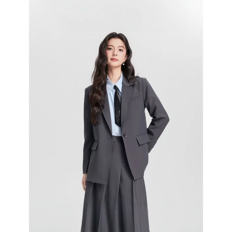 

Темно-синий профессиональный костюм с юбкой для женщин, новая весенне-осенняя мода, элегантный, свободного кроя, подходит для поездок на работу и повседневной носки.